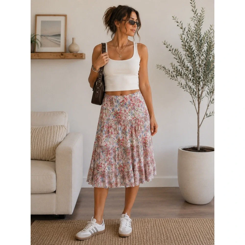 Chaps Denim Womens Large Pink Blue Floral Tiered Cotton Midi Skirt Boho Cottage